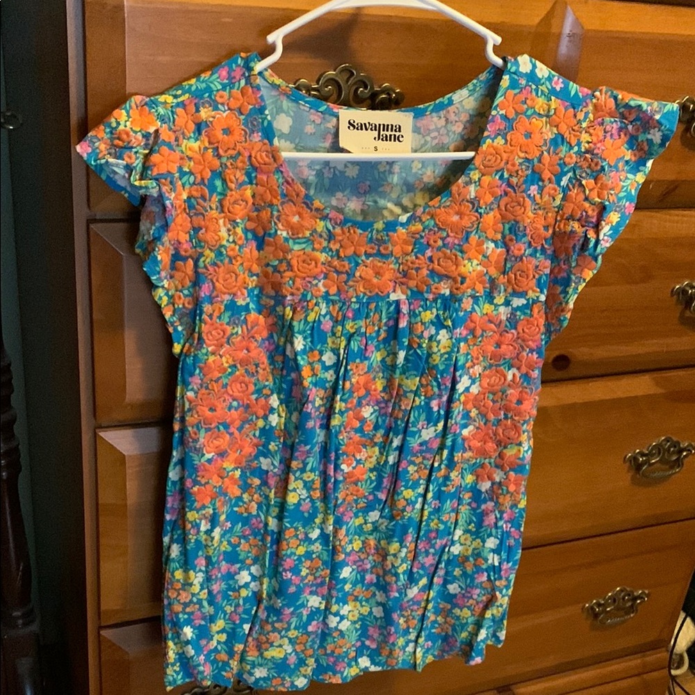 Savanna Jane Blue and Orange Floral Blouse